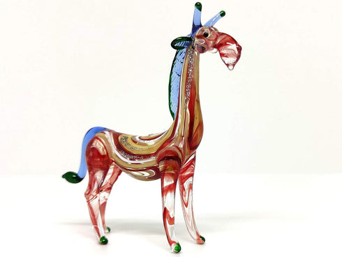 Giraffe Miniature Figurine - Hand Blown Glass Animal Sculpture - Tiny Collectible Art Gift for Wildlife Lovers Home Décor (3.5" Multi-Red)...