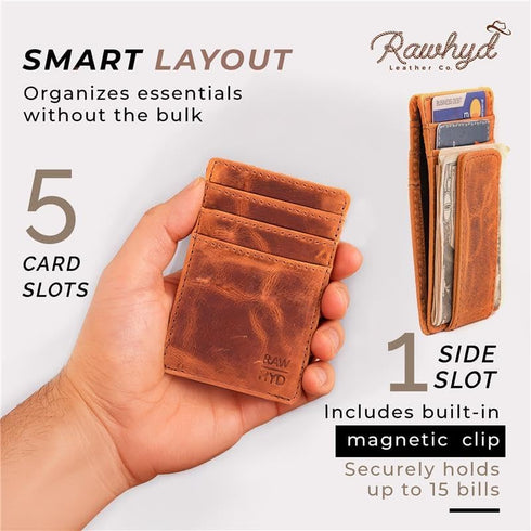 RAW HYD Men's Full-Grain Leather Slim Wallet with Money Clip - RFID Blocking, 5 Card Sleeves, Holds 15 Bills, Compact & Durable - Reddish Brown...