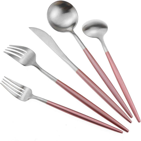 Gugrida Luxury Flatware, Royal 5 Piece Matte Pink Handle 18/10 Stainless Steel Tableware Sets for 1 Including Forks Spoons Knives, Camping Silverw...