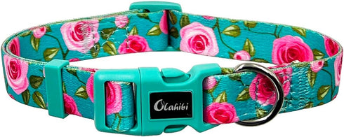 Dog Collar and Leash Set, Rose Pattern, Polyester Material, 5ft Matching Leash, for Small Dogs.(S, Green Rose Set)...