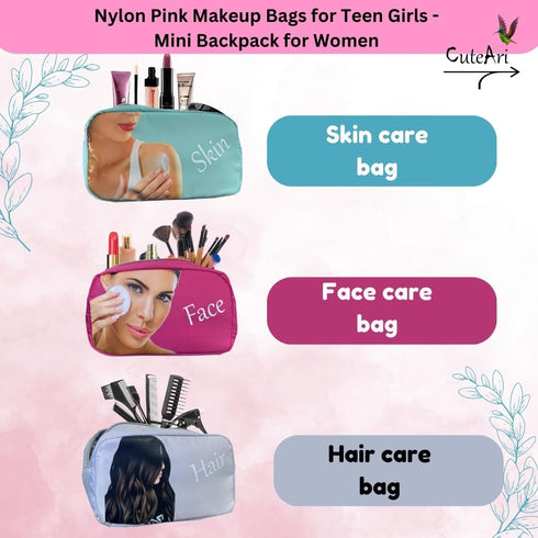 CuteAri 4 Pcs Nylon Pink Makeup Bags for Teen Girls - Mini Backpack for Women...