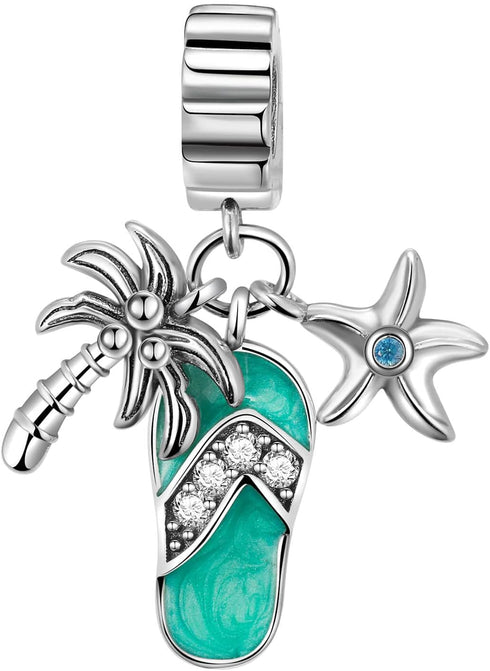 Coconut Tree Starfish Slippers Charm 925 Sterling Silver Charm for Bracelets Necklaces...
