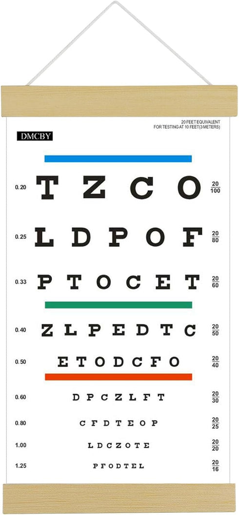 Eye Chart, Snellen Eye Chart for Eye Exams 10 Feet with Wood Frame 8x15 Inches, Canvas Low Vision Eye Test Wall Chart with Color Bars for Color Vi...