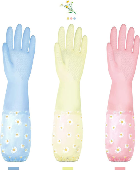 Dishwashing Cleaning Gloves 3 Pairs-Reusable Rubber Gloves Non-Slip Laundry Kitchen Gardening Household Gloves(Long Cuff)...