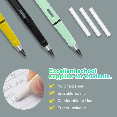 3Pcs Everlasting Pencil Reusable, Exquisite Inkless Eternal Pencil Unlimited Writing Pen Erasable Infinite Pencil with 6Pcs Replacement Nibs, Ever...