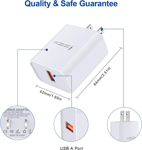 QC 3.0 Fast Wall Charger Cube Car Charger Charger Cable Cord 6FT Fast Charging for Samsung Galaxy A25/A15/A14/A13/A53/A05S/A03S/A23/A33/A54/A53/S2...