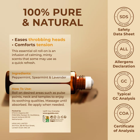 Gya Labs Migraine Essential Oil Roll on - Migraine Relief Stick Roller, Soothing Comfort for Head Tension, 100% Pure Natural, Blend with Peppermin...