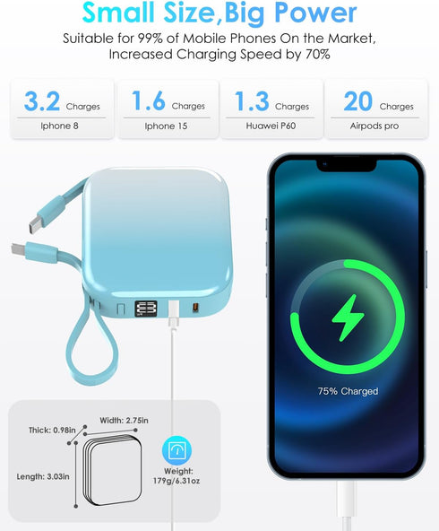 Mini Portable Charger Power Bank,22.5W 10000mAh Fast Charging Portable Phone Charger with Built in iOS and USB C Output Cable,LED Display Travel B...