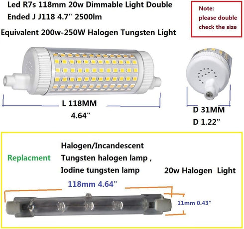 Led R7s 118mm 20w Dimmable Light Double Ended J J118 4.7" 2500lm Equivalent 200w Halogen Tungsten Light Warm White 3000k Floodlight Working Light ...