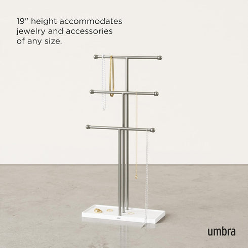 Umbra Trigem Hanging Jewelry Organizer Tiered Tabletop Free Standing Necklace Holder Display, White/Nickel...