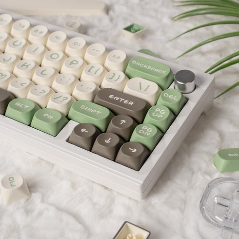 PBT Keycaps 130 Keys, Brown Green Moa Profile Keycaps, Double Shot Cute Round Keycaps for Mechanical Keyboard 61/64/75/84/87/104/108 Layout with K...