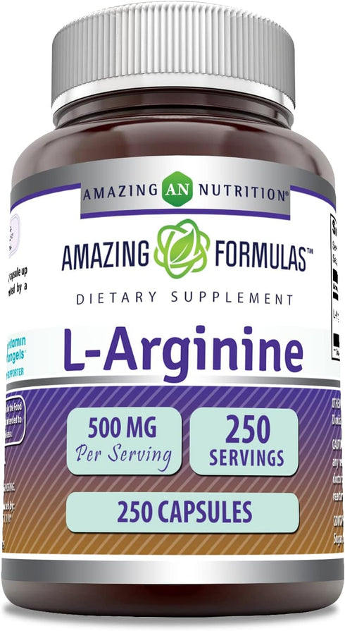 Amazing Formulas L-Arginine Supplement | 500 Mg Per Serving | 250 Capsules | Amino Acid Supplement for Men & Women | Non-GMO | Gluten Free | Made ...