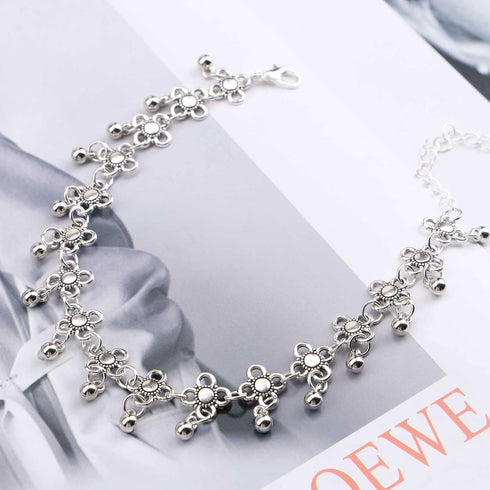 Boho Flower Tassel Ankle Bracelet Silver Bead Dangle Anklet Bracelet Vintage Hollow Flower Chain Anklet Sliver Bead Drop Anklet Foot Chain Jewelry...