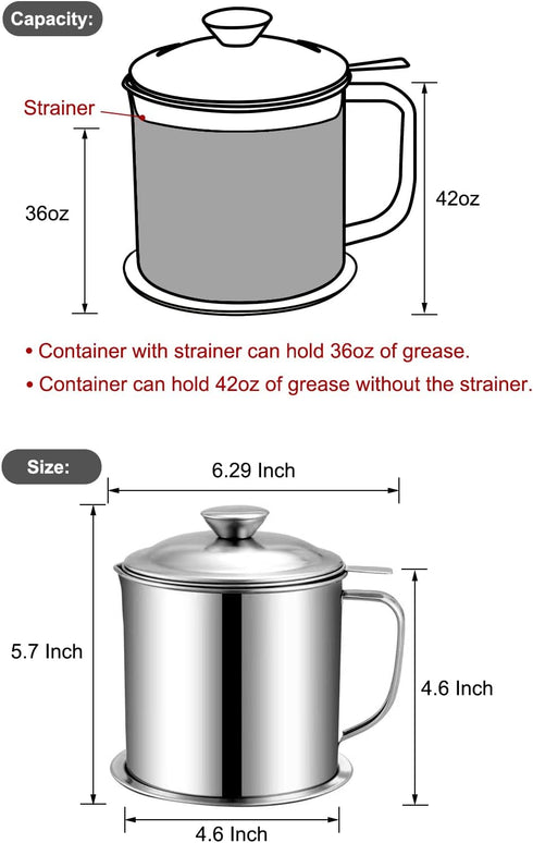 Bacon Grease Container with Strainer 1.25 L / 42 oz Strong Kitchen Catcher Food-grade Stainless Steel Cooking Oil Keeper with Lid and Easy-Grip Ha...