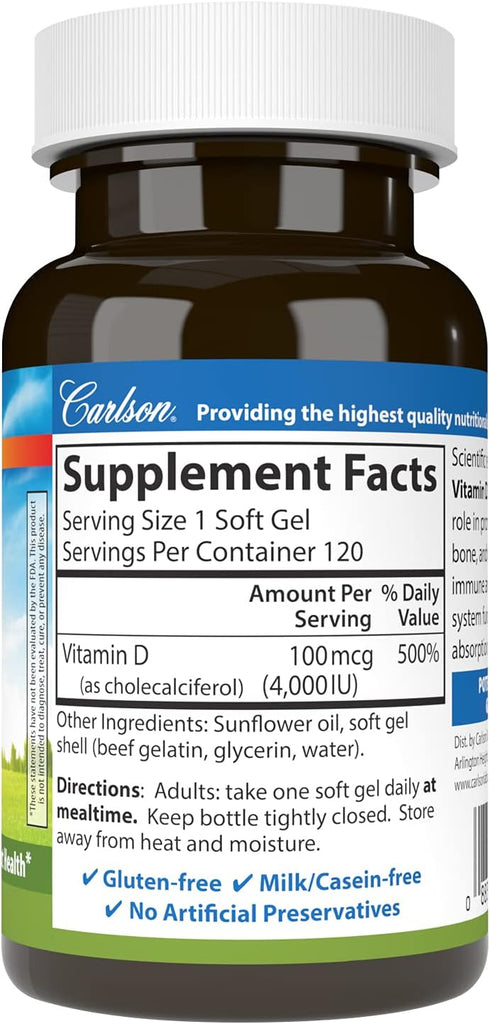 Carlson - Vitamin D3, 4000 IU (100 mcg), Vitamin D Supplements, Bone & Immune Health, Cholecalciferol Supplement, Gluten Free Vitamin D Capsules, ...