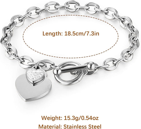 HZMAN Stainless Steel Silver/Rose/18k Gold Plated Zircon Heart Bracelet for Women Girls Romantic Gift Toggle Clasp Link Bracelets...