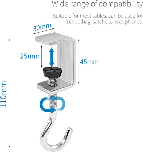 3 Pack Desk Bag Holder Schoolbag Hooks Headphone Hanger Stand, Adjustable Metal Under Desk Clamp Hook Mount for Portable Bag Gaming Headphones Clo...