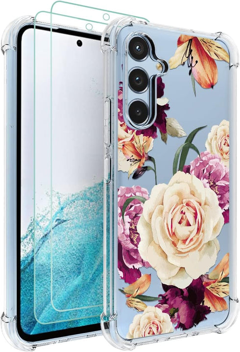 Osophter for Samsung Galaxy A54 5G Case: Girls Women Flower Floral with Screen Protector Shock-Absorption Flexible TPU Rubber Phone Cover for Sams...