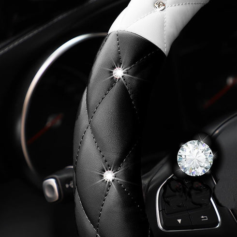 Cute Diamond Soft Leather Anti-Slip Steering Wheel Cover with Bling Bling Crystal Rhinestones, Universal 15 Inch for Women Girls, Fit Vehicles, Se...