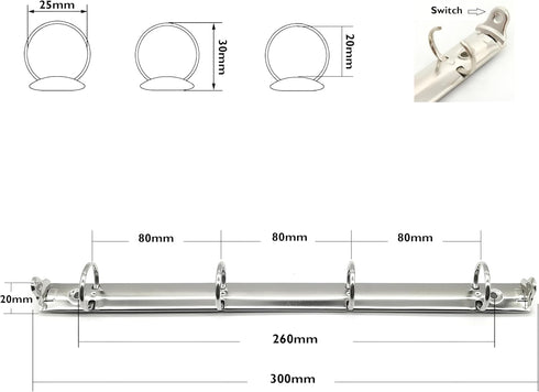 2Pcs A4 Notebook 4-Hole Ring Binder Mechanisms 30.5X 2.0cm Diameter Silver Metal Clip Ring Binder DIY Fill Paper Storage Folder Accessories Office...
