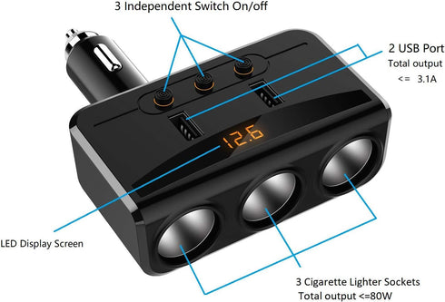 LIHAN 3 Socket Cigarette Lighter Adapter, Car Charger Plug Splitter with Dual USB Ports, 12V/24V Meter Monitor, Compatible with iPhone, LG, HTC, S...