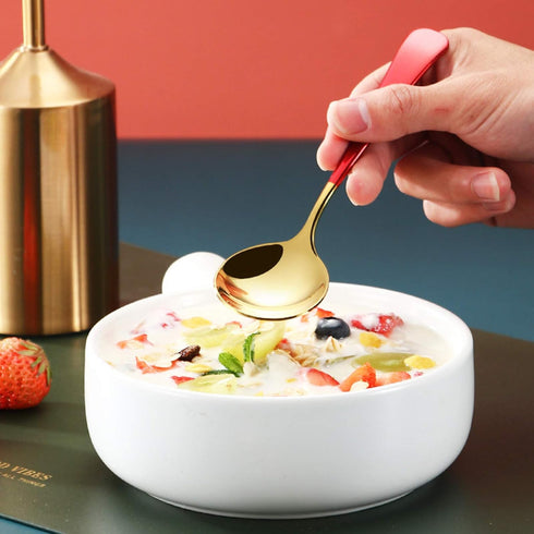 Metal Soup Spoons,Stainless Steel Spoons for Soup Round Colorful Dinner Spoons Thick Short handle Table Spoon 6.3-Inch, Set of 5 (Gold)...