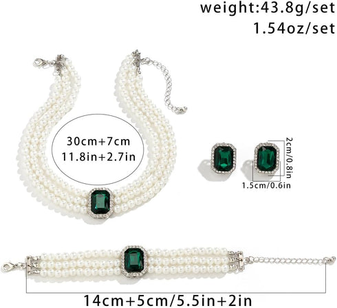 Pearl Earrings Necklace Bracelet Set for Women Girls Wedding Rhinestone Crystal Pearl Jewelry Set Bride Bridesmaid Dainty Jewelry Gift for Women G...