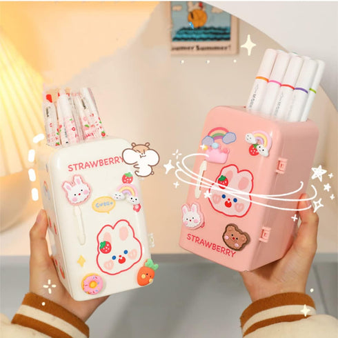Kawaii refrigerator cute pen holder pencil cup, multifunctional container huge capability stationery with a drawer organizer home school office de...