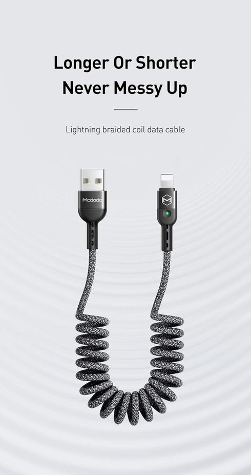 mcdodo Anti Winding Cable, LED Coiled Cord Nylon Braided Sync Charge USB Data 6FT/1.8M Cable Compatible New Phone List Below (Black, 6FT/1.8M)...