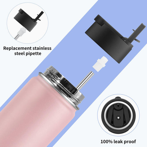 koodee 12 oz Stainless Steel Water Bottle, Double Wall Vacuum Insulated Wide Mouth Flask with Wide Handle Straw Lid (Light Pink)...
