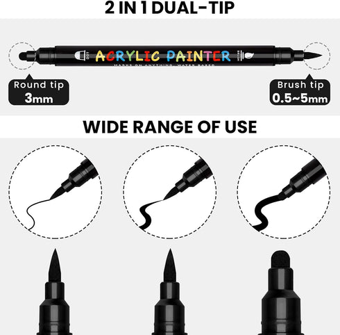 Black and White Paint Marker, 8 Pack Dual Tip Acrylic Paint Pens with Medium Tip and Brush Tip, Ideal for Wood, Rock Painting, Canvas, Stone, Glas...