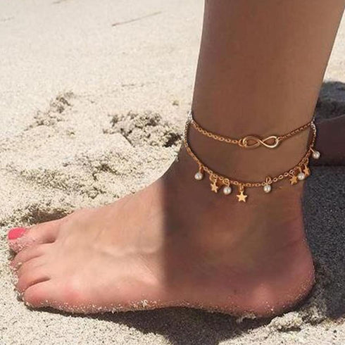 Boho Layered Ankle Bracelet Gold Anklets Star Pendant Foot Chain Pearl Summer Beach Ankle Chain Adjustable Foot Jewelry Accessories for Women...