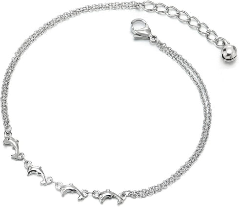 COOLSTEELANDBEYOND Two-Row Stainless Steel Link Chain Anklet Bracelet with Charms of Dolphins and Jingle Bell Adjustable...