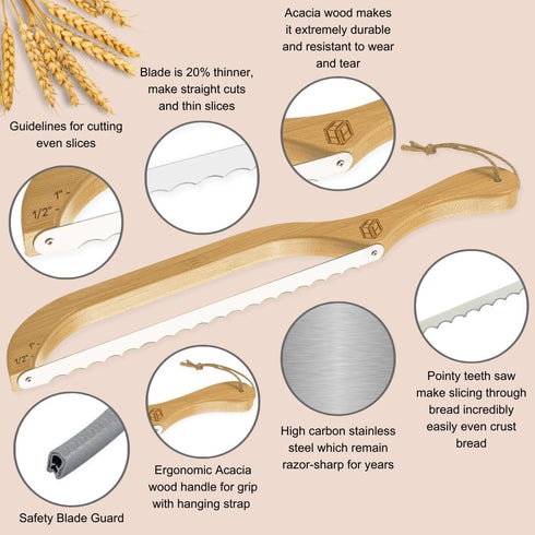Wooden Bread Bow Knife 16" - Premium Stainless Steel, Fiddle Slicer for Sourdough, Homemade Bread and Bagel, Bread Recipe eBook, Bread Maker Saw T...