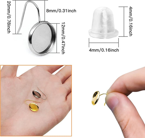 120Pcs 12mm Blank Bezel Earrings Setting,Earrings Wire Hooks Stud Earring Kit includes 20Pcs Cabochon Setting Bezel Blank 100Pcs Rubber Earring Ba...