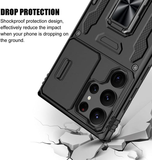 for Samsung Galaxy S24 Ultra Case, Shockproof Phone Case & Sliding Camera Cover & Ring Holder Kickstand with Screen Protector for Samsung Galaxy S...
