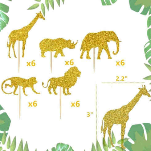 JeVenis 30 Pcs Gold Glitter Jungle Safari Animal Cupcake Toppers Jungle Animals Cake Decorations for Jungle safari Animals Party Baby Showers Birt...