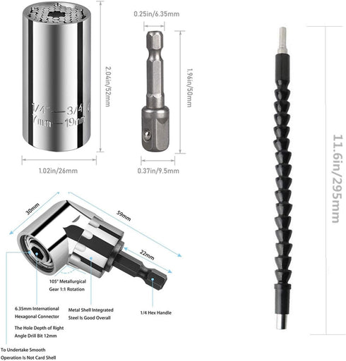 7mm-19mm Universal Socket Grip Ratchet Wrench Power Drill Adapter&105 Degree Right Angle Extension&Power Screwdriver Drill Bit Attachment&Drill Bi...