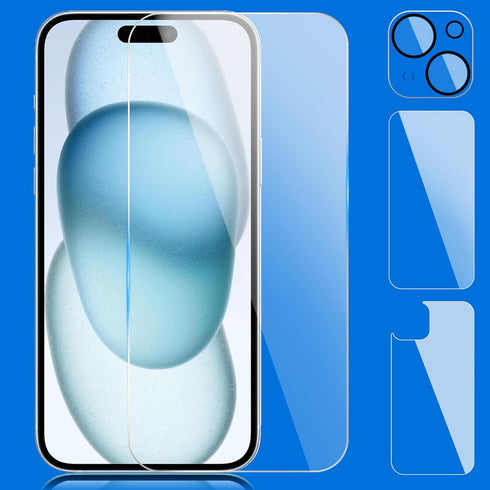 Screen Protector for iPhone 15, Tempered Glass Screen Protector including Front and Back Protectors, Camera Protector, 3-in-1 Protection (6.1 inch...