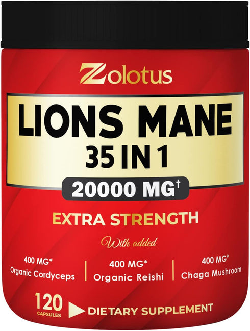 35 in 1 Lions Mane Mushroom Capsules, Equivalent to 20000mg, with Cordeyceps, Reishi, Elderberry, Panax Ginseng, Focus, Memory & Brain Support Sup...