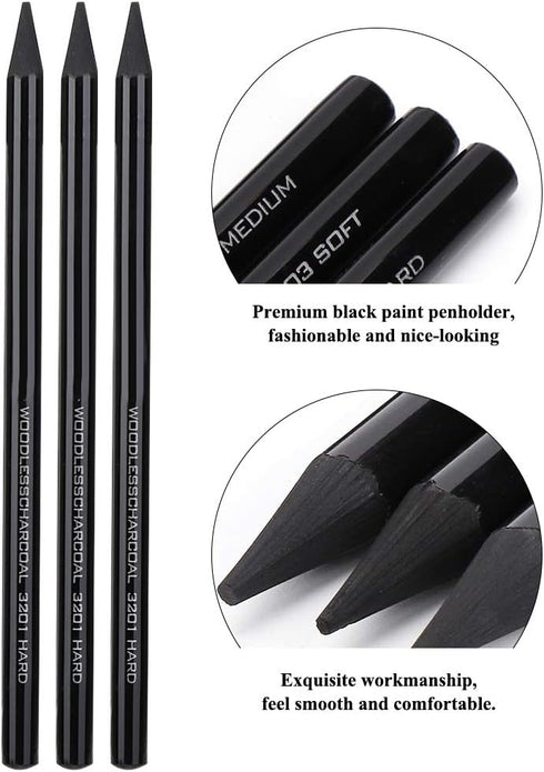 Pssopp Charcoals,25pcs Woodless Charcoal Pencils, Charcoal Drawing Bar Sticks Sketch Pencils Artist Art Drawing Sketching Painting Tools Stationer...