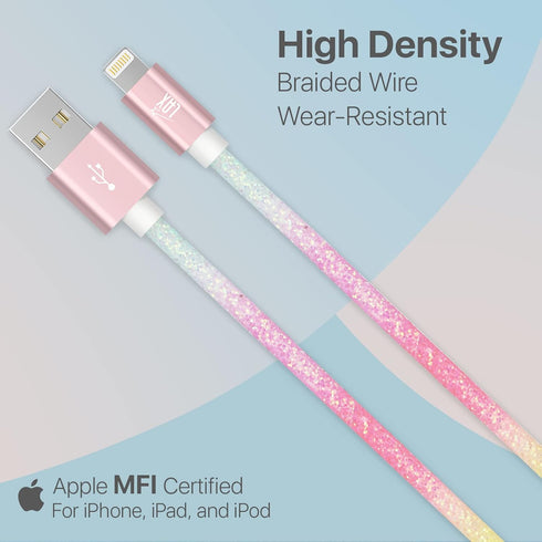 LAX Gadgets USB A to Lightning Cable - Glitter Apple MFI Certified Lightning Cable for iPhone, iPad, iPod - Nylon Braided Fast Charging Cable - Hi...