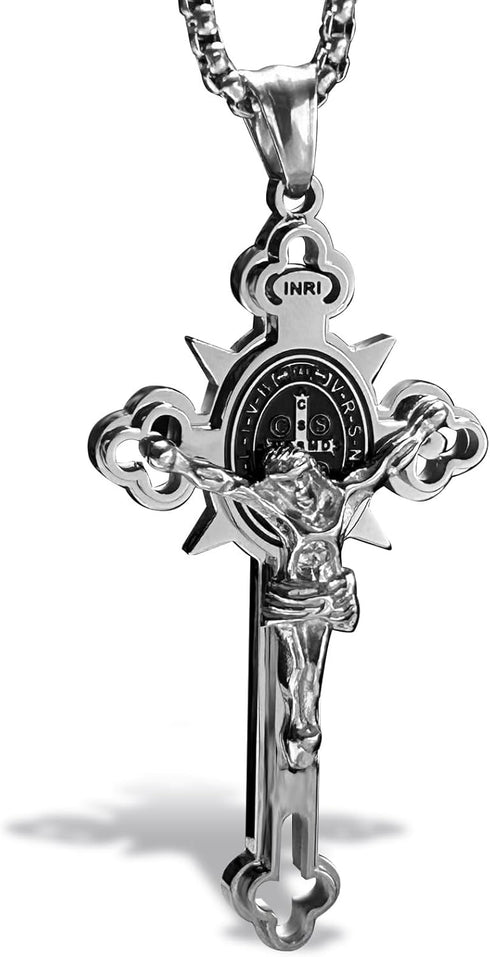 bahamut Jesus INRI Crucifix Saint St. Cross Pendant Necklace for Men Stainless Steel Religious Jewelry Rolo Chain...