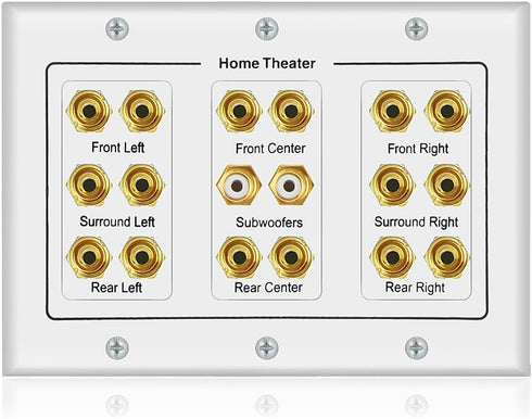 5 6 7.1/7.2 or 8.1/8.2 One or Two Subwoofer Compatible 16 Banana Post and 2 RCA Speaker Wall Plate for Home Theater Audio...