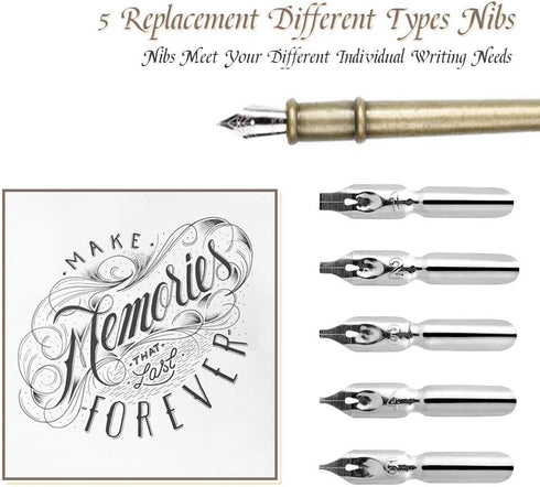 Feather Quill Pen Vintage Feather Dip Ink Pen Set Copper Pen Stem Writing Quill Pen Calligraphy Pen As Christmas Birthday Gift Set (wine red)...