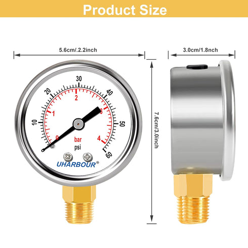 Lead-Free Water Pressure Gauge Liquid Filled 60 Psi 2" Dial, Stainless Steel Case, 1/4" NPT Lower Mount, Water Pressure Gauge for Home...