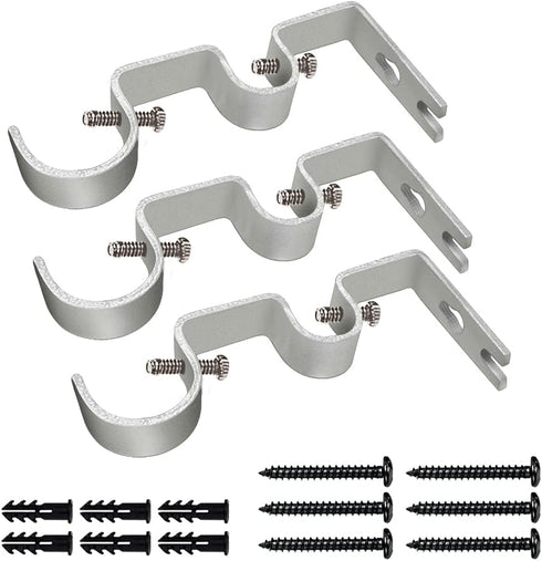 TLBTEK 3PCS Silver Curtain Rod Bracket,Double Curtain Rod Hanging Brackets Wall Mount Heavy Duty,Adjustable Curtain Rod Holders Hardware for Windo...