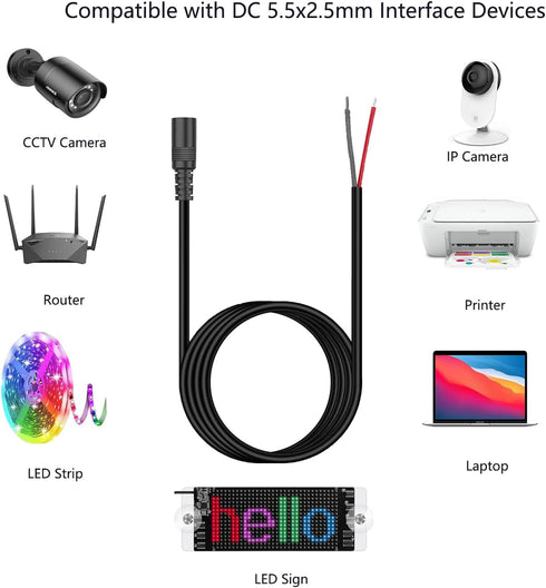 4FT DC 5.5MM x 2.5MM Female Plug to Bare Wire Open End Power Wire Supply Repair Cable,Barrel Connector for CCTV Camera,DVR,LED Strip Light Etc-2 P...