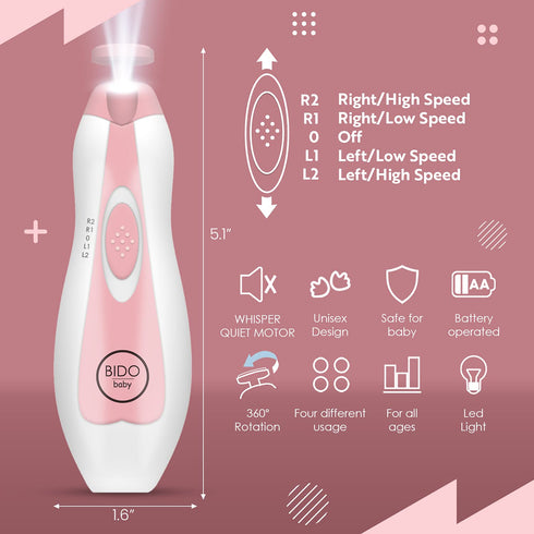 B?DO Baby Nail Trimmer File Electric-Safe Baby Nail Clippers,Manicure Kit for Newborn Toddler and Kids,12 Grinding Heads and LED Light, Pink or Bl...