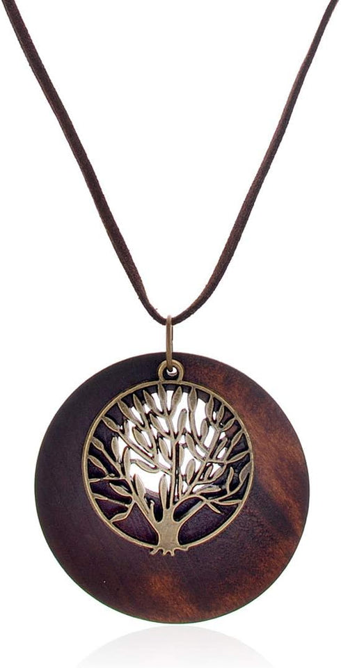 HUNO Tree of Life Pendant Necklace Long Leather Chain Statement Wooden Necklace for Women Vintage Wood Jewelry...